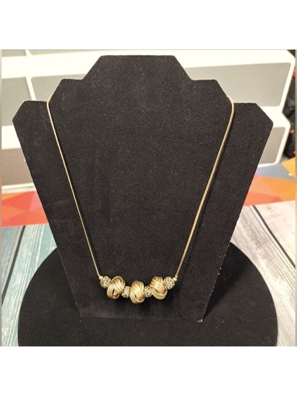 White House Black Market Gold Tone Lover’s Knot Rhinestone Balls 18" Necklace